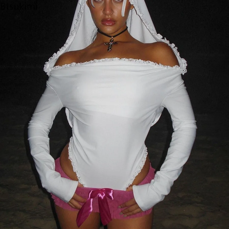 

2025 Women's Sexy Fancy Bodysuit Y2K Lace Patchwork Long Sleeve Hooded Bodysuits Autumn New Evening Night Party Clubwear Bodices