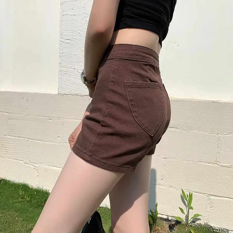 Casual Summer Brown Denim Shorts For Women High Waist Slim Short Pants Vintage Trendy Clothing