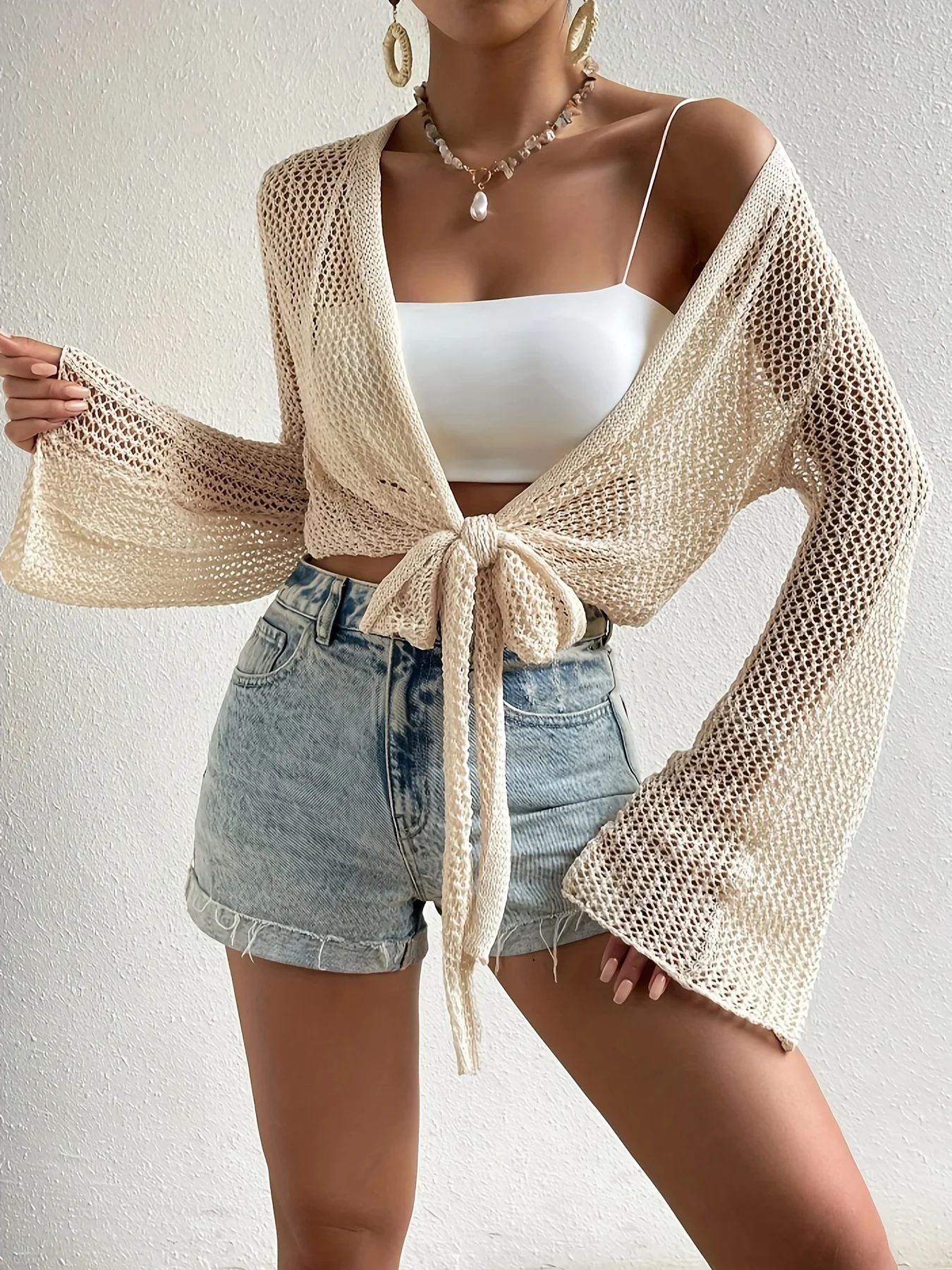 Vintage Hollow Cardigan Women\'s Summer Sun Protection Lace Up Knitted Cover Ups Top Women Y2K Korean Casual Fashion Streetwear