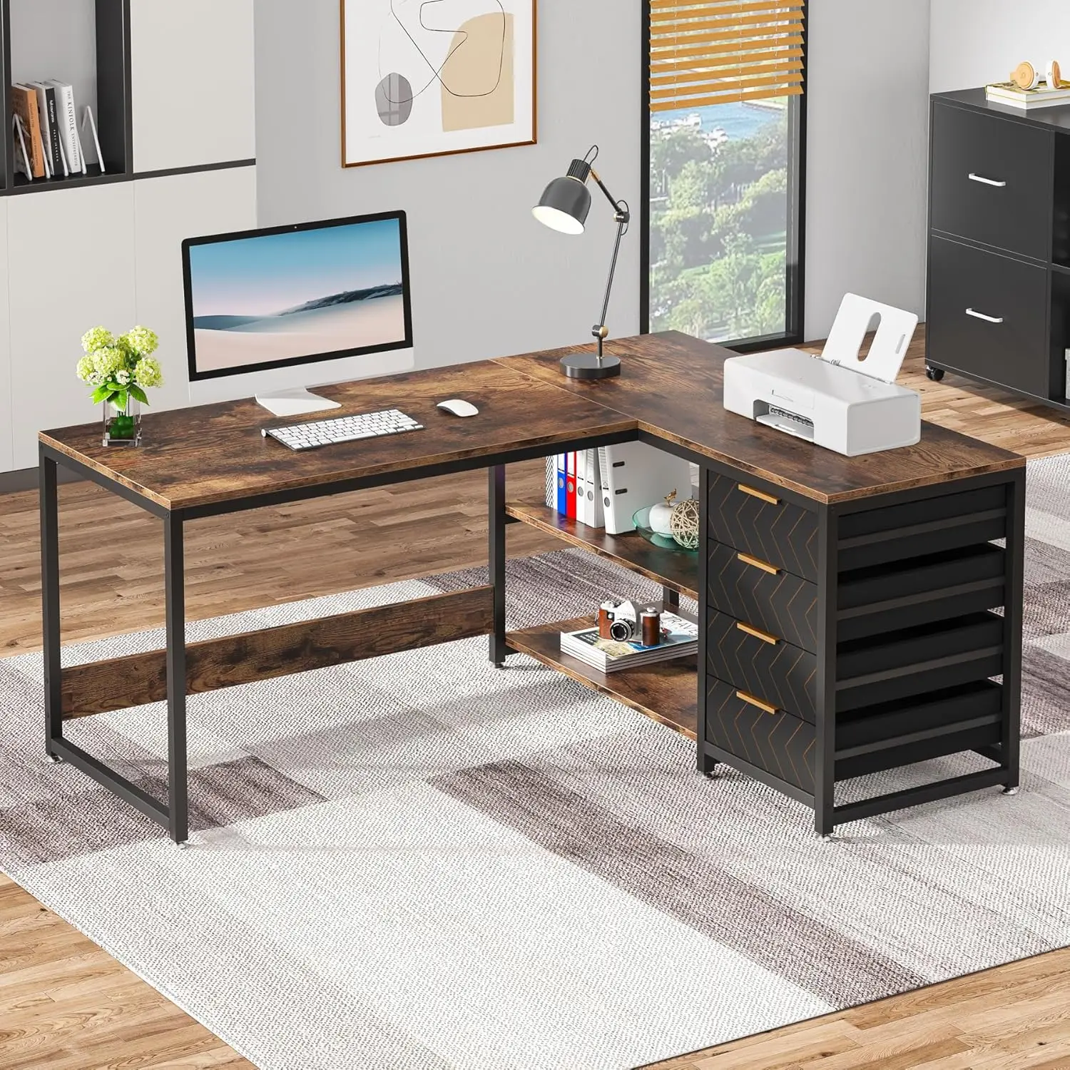 L Shaped Computer Desk with Storage Drawers, 59 inch Corner Desk with Shelves, Reversible L-Shaped Office Desk Study Writing