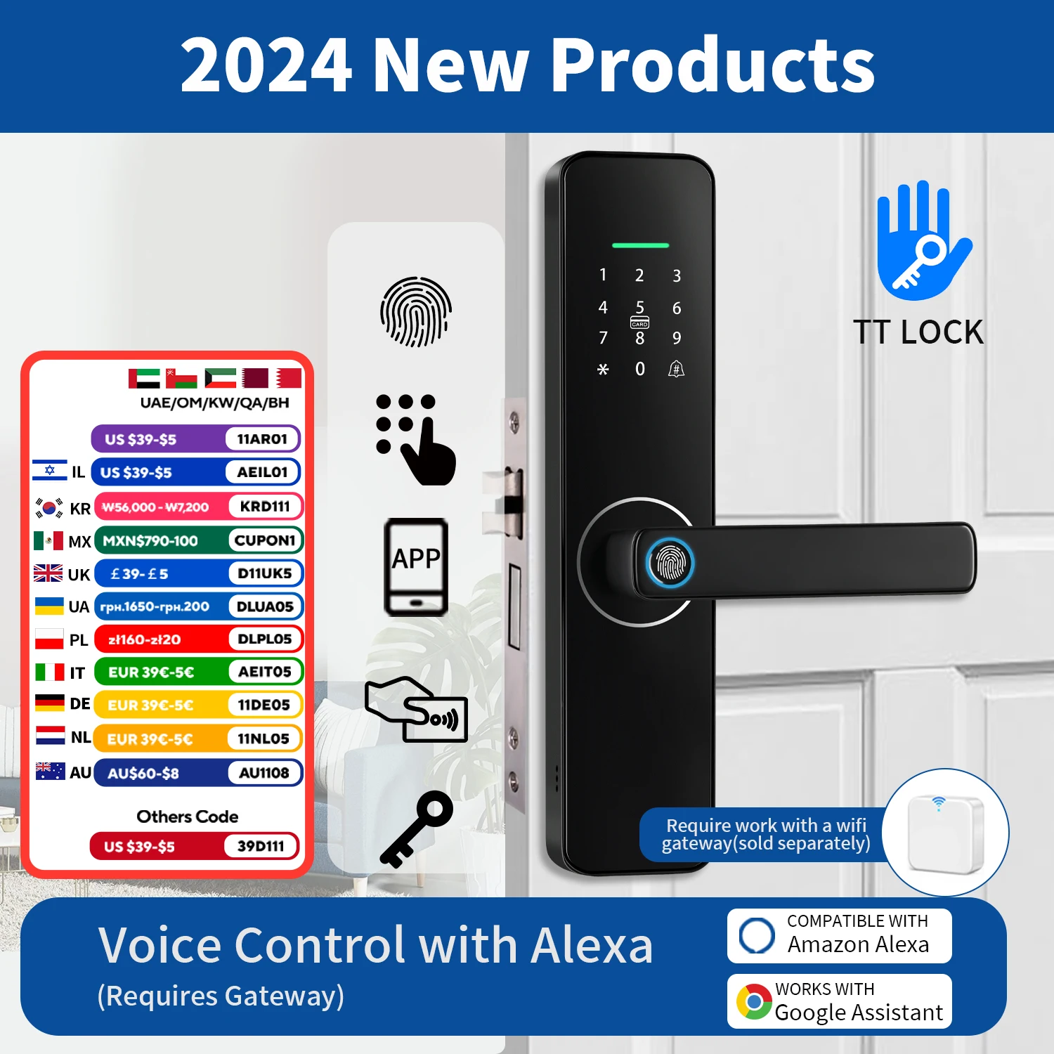 TTLOCK Digital Electronic Door Lock Black Smart Lock work with Alexa App Remote Unlocking Keyless Lock Fingerprint Door Lock Z13