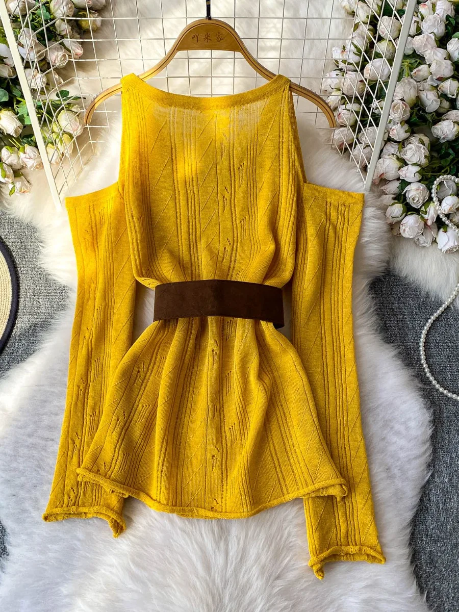 Foamlina Chic Elegant Off Shoulder Long Sleeve Knit Sweater With Waist Tie Design Women Fall Trendy Slim Fit Casual Top