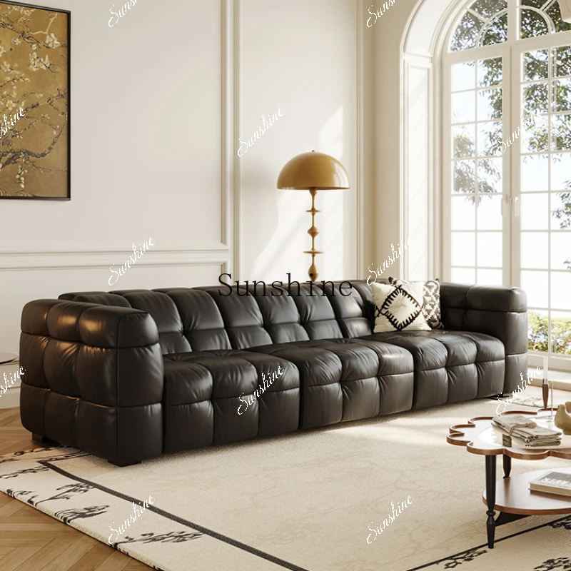 Pull-up leather sofa black retro style small apartment multi-functional home sofa  FT