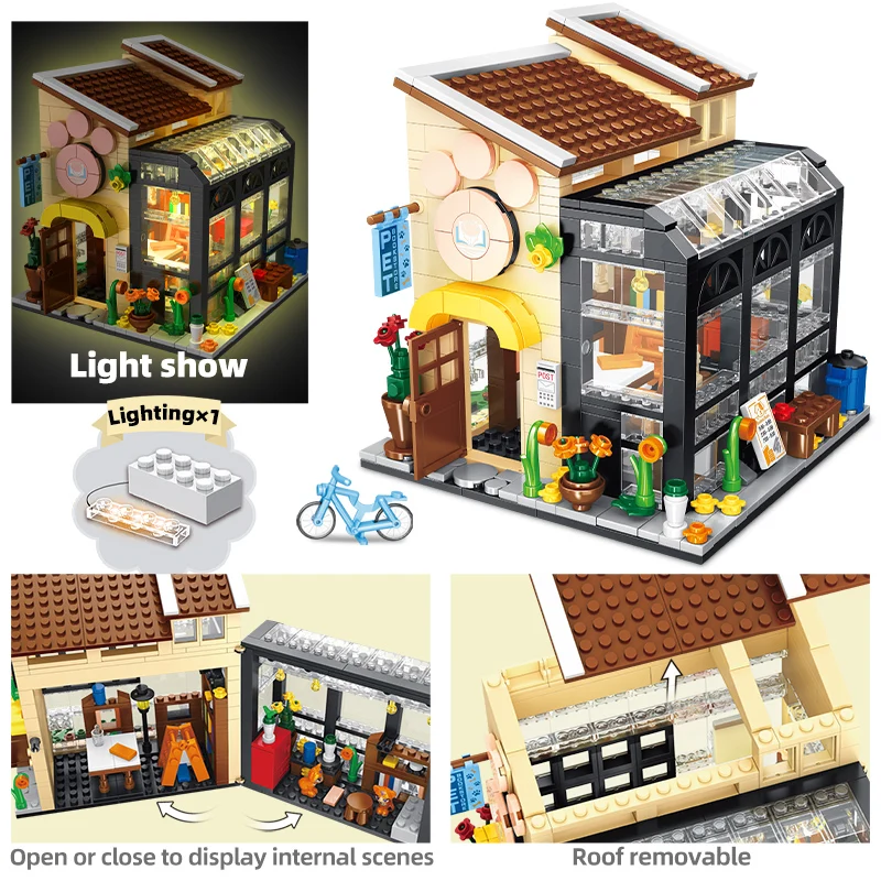 City Street View Creative House Coffee Shop Flower Store Architecture Building Block Bricks with LED Light Sets Toys for Girls