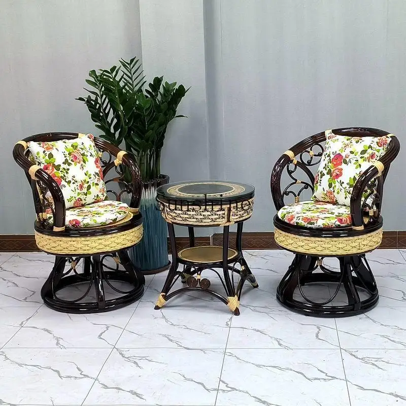 Balcony rattan chair coffee table three-piece set casual rotating woven backrest small table and chair combination