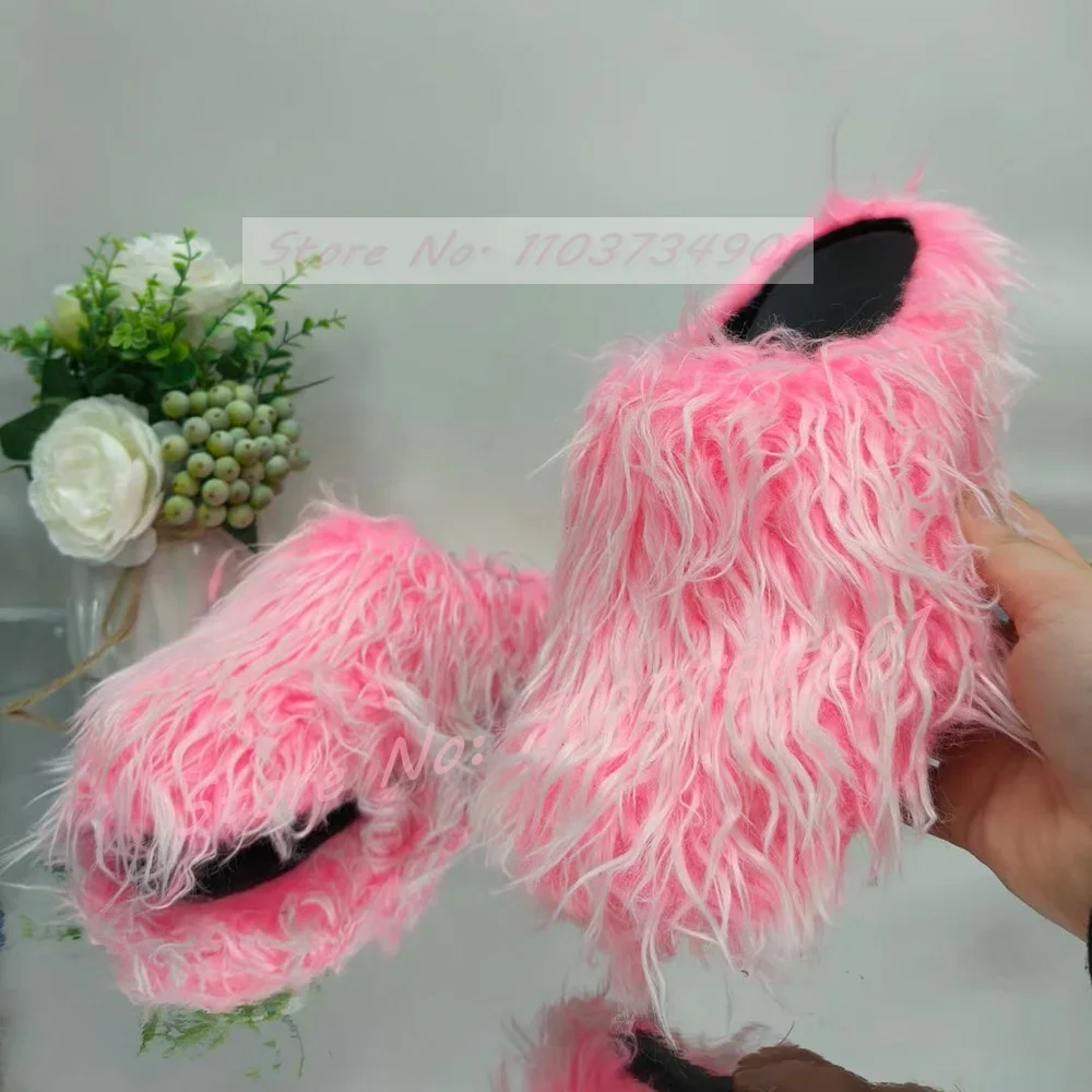 

Pink Furry Slide-On Slippers Female Party Mixed Colors Round Toe Platform Outdoor Shoes Men Casual Fashion Inside House Mules