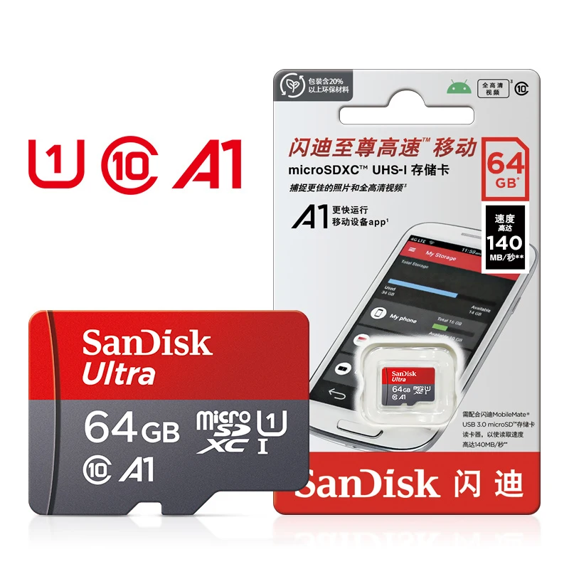 แซนดิสการ์ดความจำ128กิกะไบต์64กิกะไบต์32กิกะไบต์การ์ด TF Micro SD คลาส10 UHS-1แฟลชการ์ดหน่วยความจำไมโครเอสดีสำหรับสมาร์ทโฟนซัมซุงพีซี