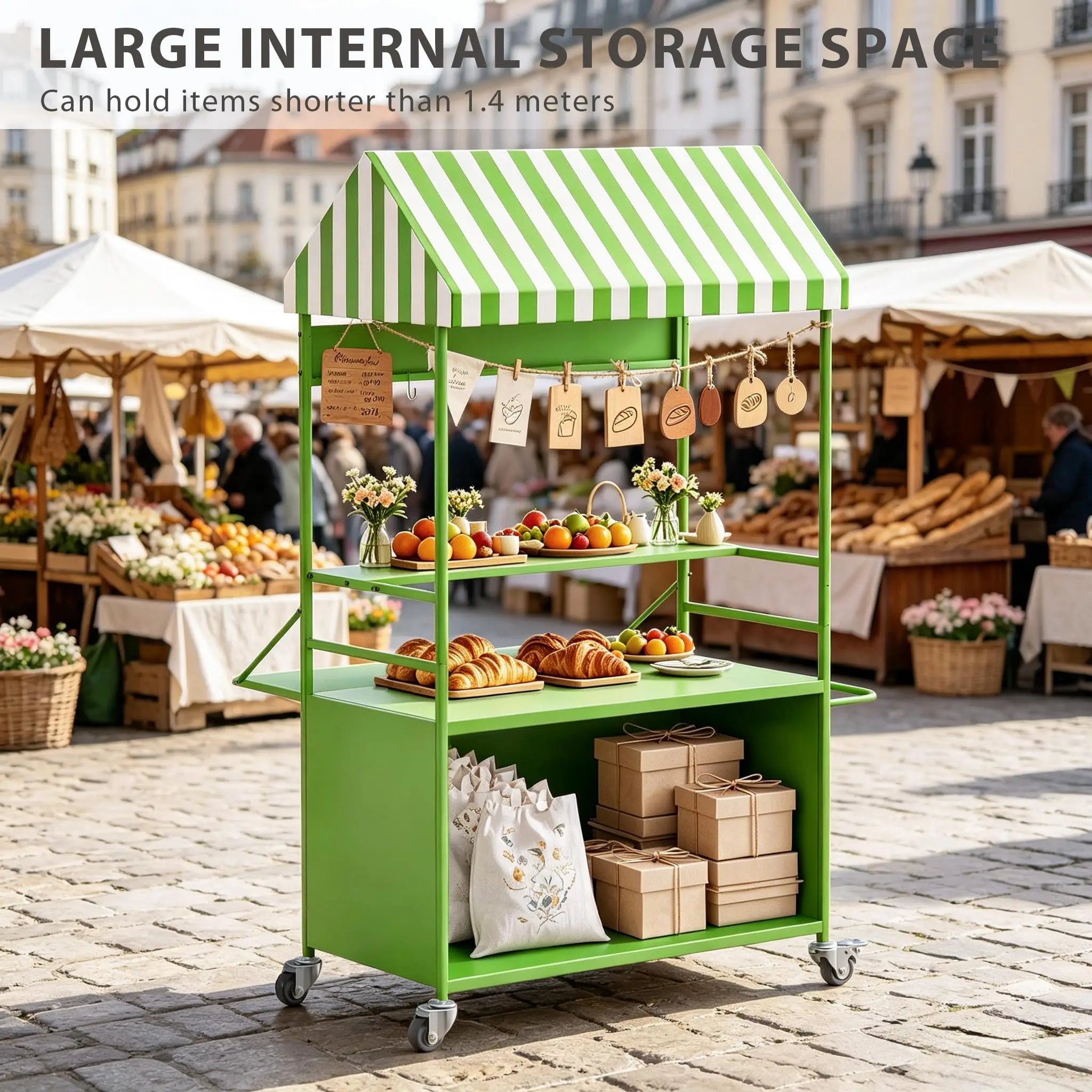 Portable Vendor Cart with Canopy & Wheels, 2-Tier Metal Farmers Market Stand, Mobile Food Carts for Sale, Portable