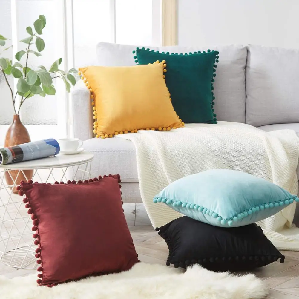 2Pcs Boho Cushion Cover with Pom Poms Cozy And Modern Decor Hidden Zipper Closures Velvet Pillow Case