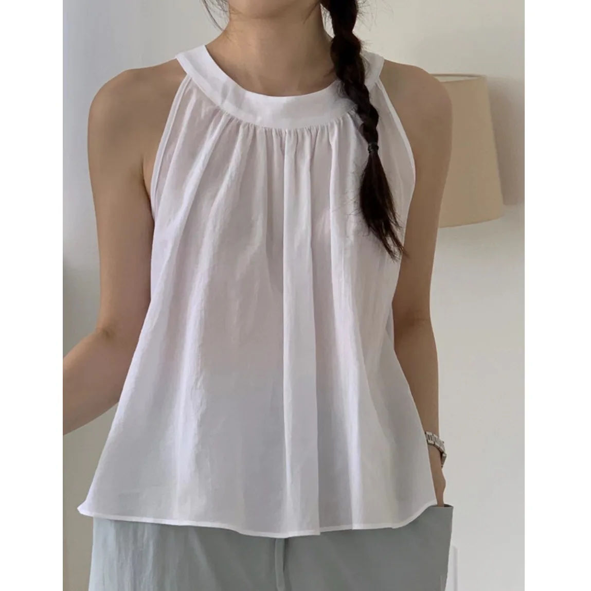 Korean Style Chic Summer Backless Belted Shirt Simple Design Ageless Top for Women Breathable Skin-Friendly Regular Fit Blouse