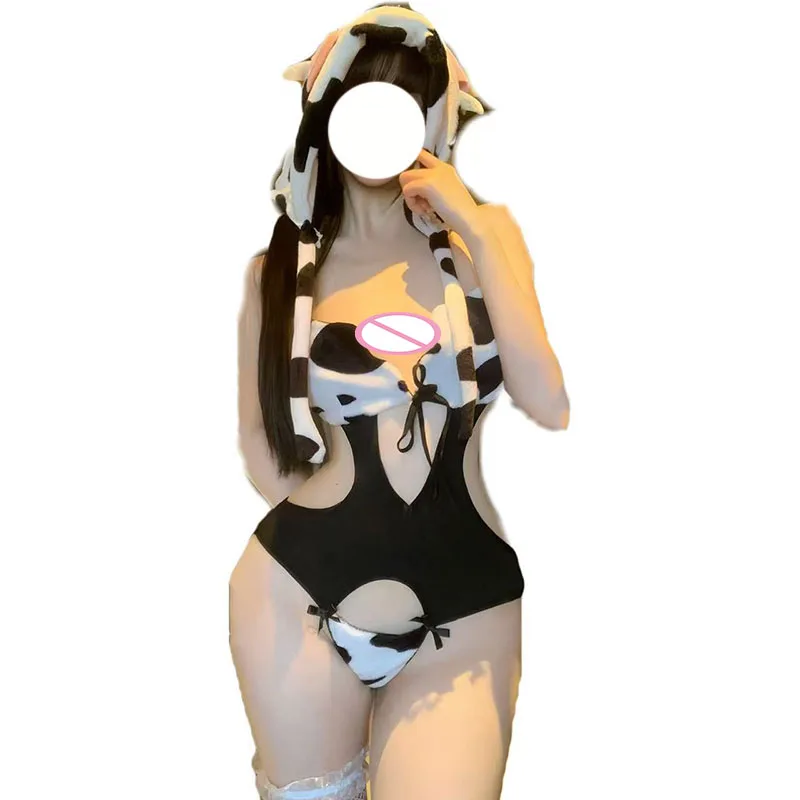 

Cute Cow Maid Uniform Lingerie Outfit Anine Girl Cattle Open Crotch Bodysuit Pajamas With Stockings Halloween Carnival Costumes