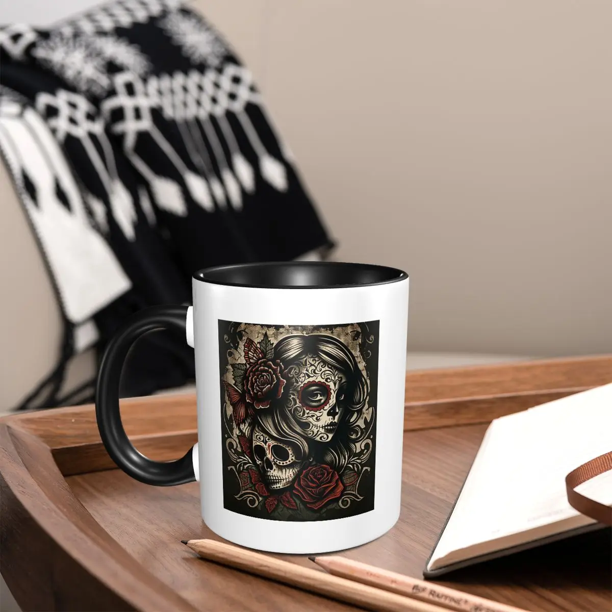Girls Skull Tattoo Art Gothic Day Of The Dead Mug Funny Ceramic Coffee Cups Tea Mugs Milk Cup Drinkware Gift for Friends