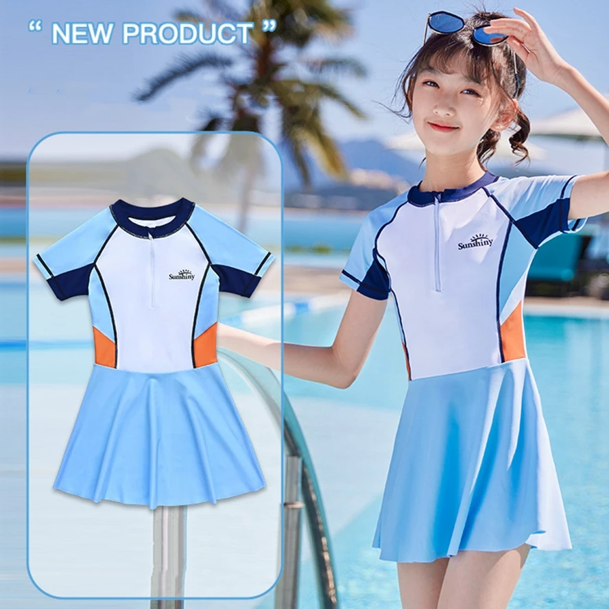 

Kids UPF50+Sun Protection Short Sleeve WaterProof Beach Bathing Suits Girls One Piece Front Zipper Outdoor Surfing Swim Skirts