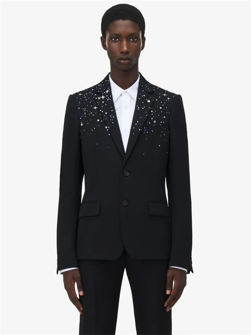 Crystals Black Men Suit Set 2 Pcs Cotton Blazer+Pants Trousers Prom Wedding Tuxedos Coat Customized Formal Office Groom Jacket