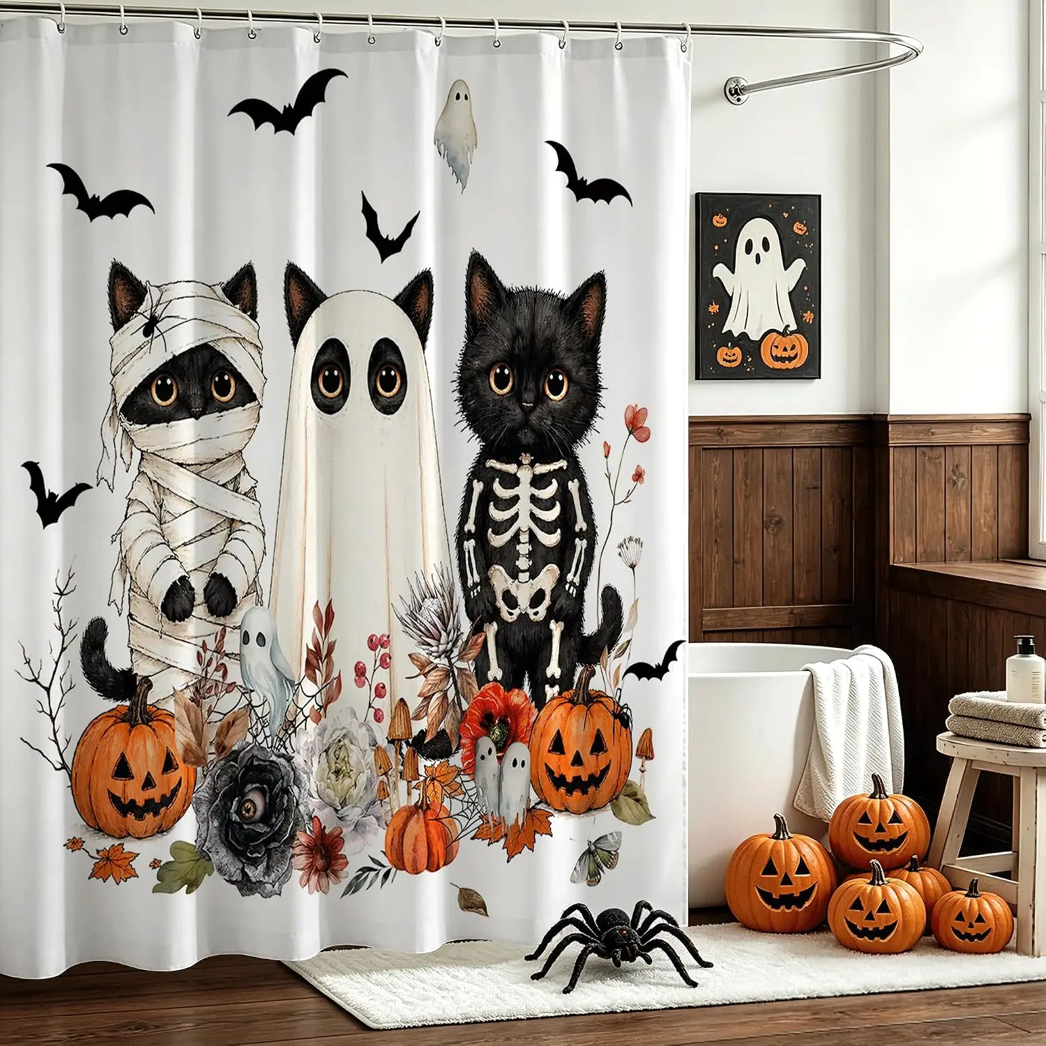 Halloween Black Cat Shower Curtain, Mummy Ghost Skeleton Cats Pumpkin Bat Floral Print Waterproof Bath Curtain For Holiday Decor