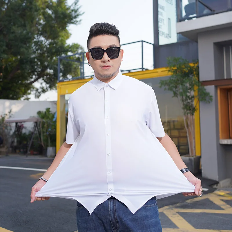 

Summer Men's High Elastic Short-sleeved White Ice Shirt Plus Size 12XL Business Fashion Pullover Shirt Male 5XL 6XL 7XL