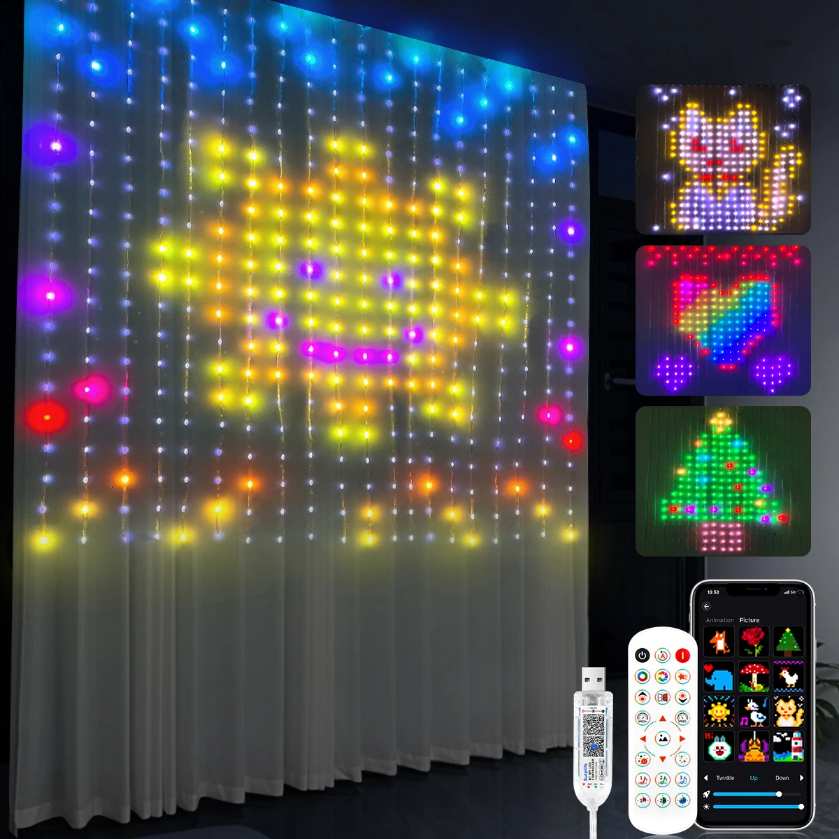 2M x 2M, 3M x 3M DIY Muster Smart USB LED Vorhang Licht APP Steuerung RGB Dimmbare Weihnachten licht String Fenster Zimmer Neue Jahr Dekor