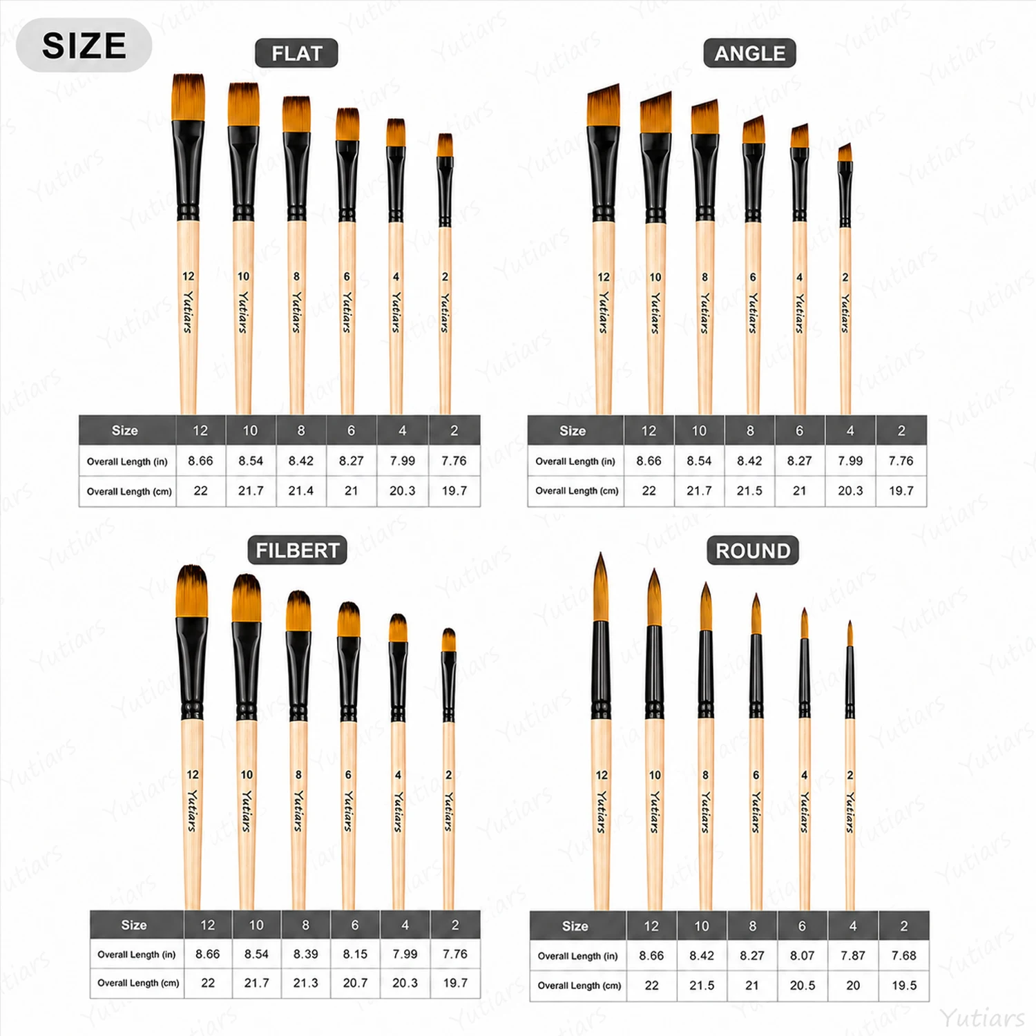 6/24PCS Artist Paint Brush Set 4 Shapes Sizes 2-12 Wooden Handle Brushes for Watercolor Acrylic Gouache Painting Art Supplies