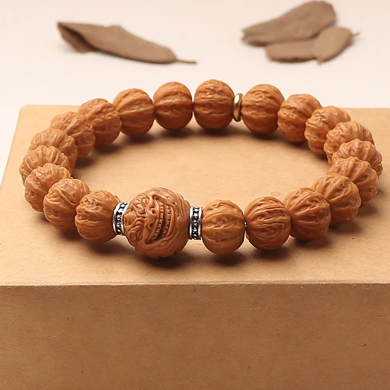 Heaven Eye Fierce Monk Buddha Monkey Head Walnut Hand Carved Collectible Eight Facet Single Strand Bracelet Round Large Grain