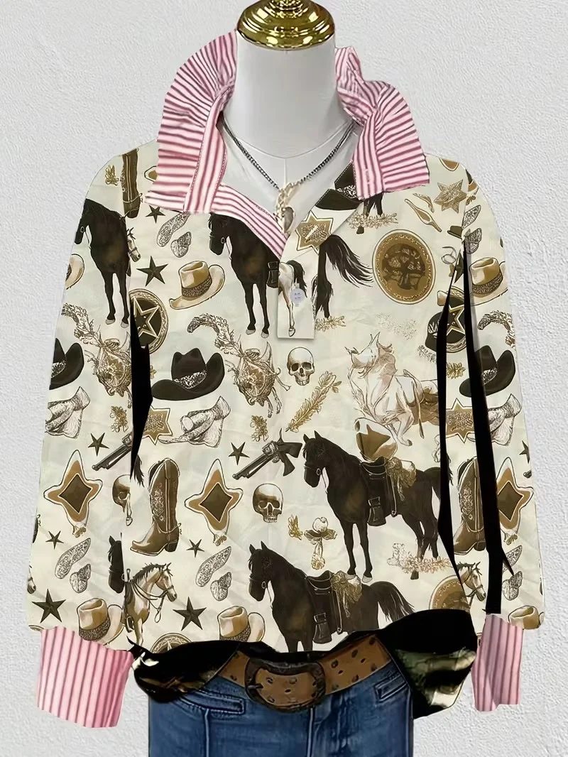 Women's striped casual fashion shirt with multi-color striped collar and half button shirt pattern,Elegant stand up collar desig