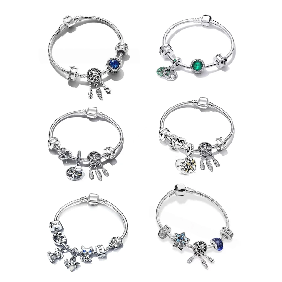 

925 Silver-Plated Bracelets Fine Dreamcatcher & Animal Heart Zircon Charms Adjustable Snake Chain Fashion Jewelry For Women Gift