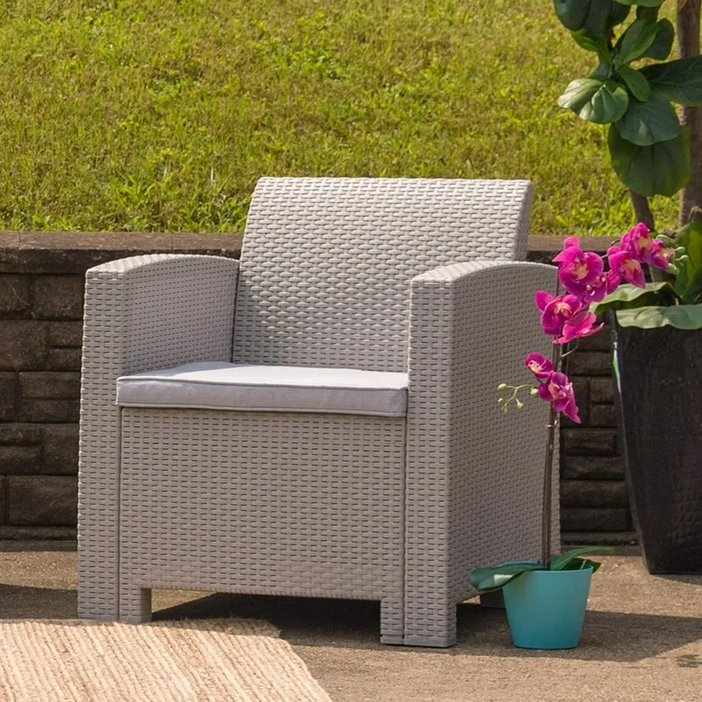 Flash Furniture Seneca Light Gray Faux Rattan Chair with All-Weather Light Grey Cushion