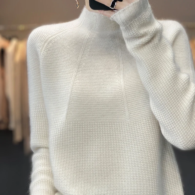 Autumn and winter new ladies 100% pure wool semi-high neck thick warm solid color sweater loose knit bottoming sweater