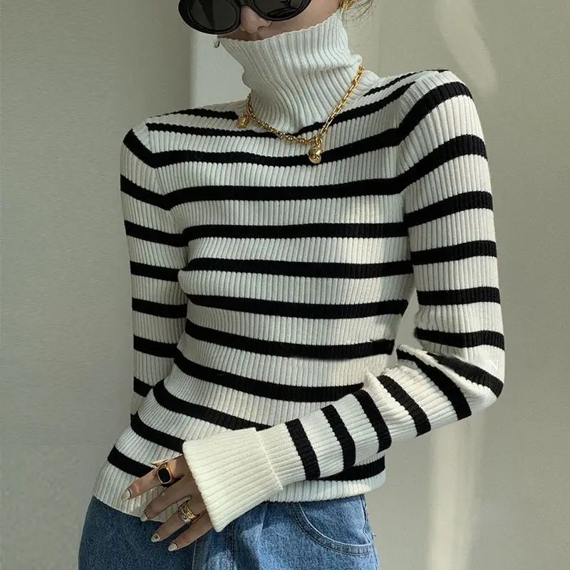 Striped Turtleneck Sweater for Women Slim Pullovers Elegant Autumn Long Sleeve Свитер Ropa Mujer Korean Fashion Knitted Clothing