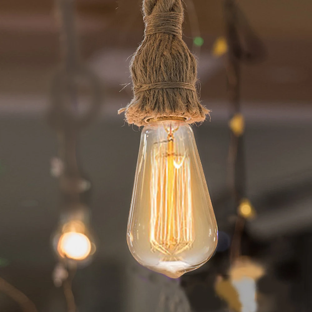 E27 Vintage lampy wiszące w stylu Retro pojedyncze podwójne głowy liny konopne lampy przemysłowe wiszące American Loft salon dekoracji