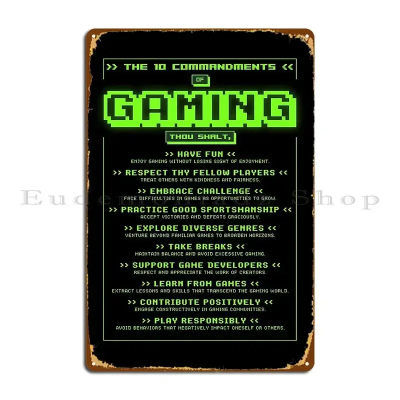 The 10 Commandments Of Gaming Metal Plaque Poster Print Vintage Rusty Mural Customize Tin Sign Poster
