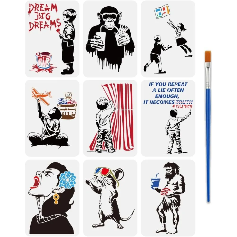 9 pçs pintura estêncil com escova 8.3x11.7 polegada óculos de sol rato graffiti menino macaco comida rápida captura livros jogo desenho