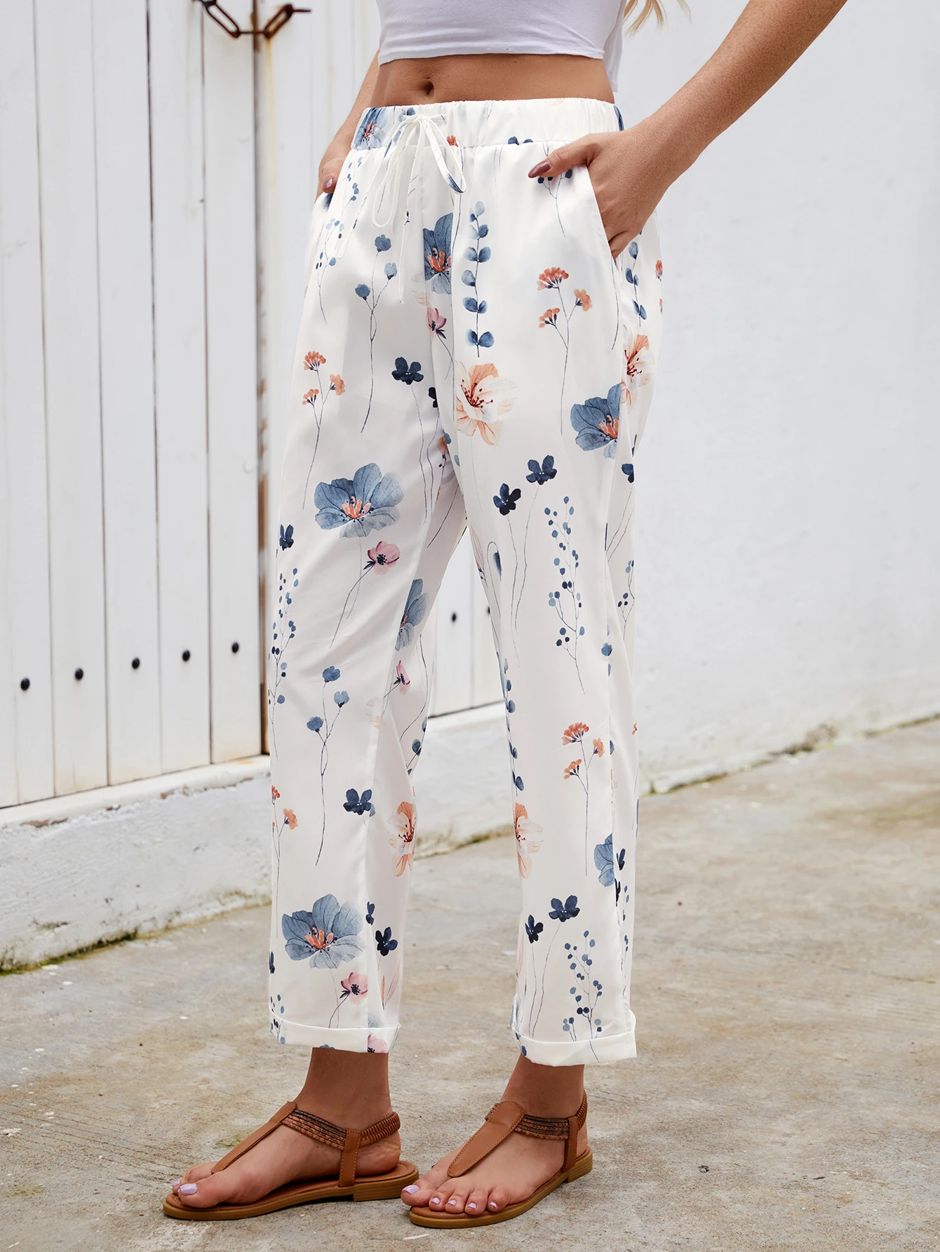 Women Fashion Elastic Waist Long Trousers Pockets Casual Floral Printed Loose Female Elegant All-Match Straight Pants New