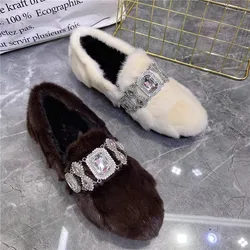 2026 New Crystal Women Winter Warm Fur Loafers Thick Sole Moccasins Driving Snow Shoes Woman Mink Fur Espadrilles Flats Creepers