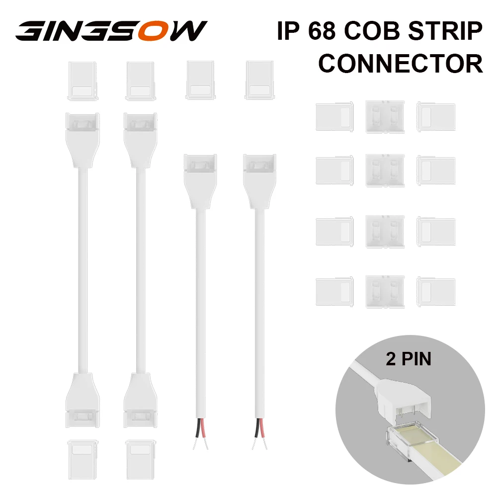 

Gingsow 2 Pin Connectors for 10mm IP68 COB LED Strip Light LED Extension Transparent Gapless Combination Connector Kit