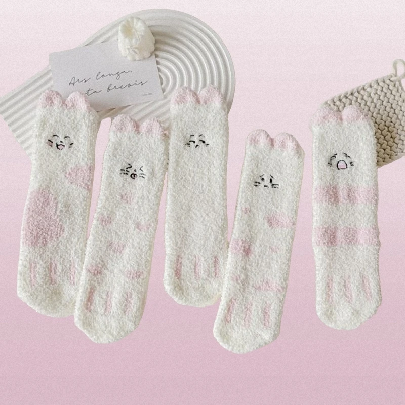 5/10 Pairs New Winter Socks For Women Winter New Half-velvet Cute Cat Thick Warm Sleeping Towel Socks Confinement Socks