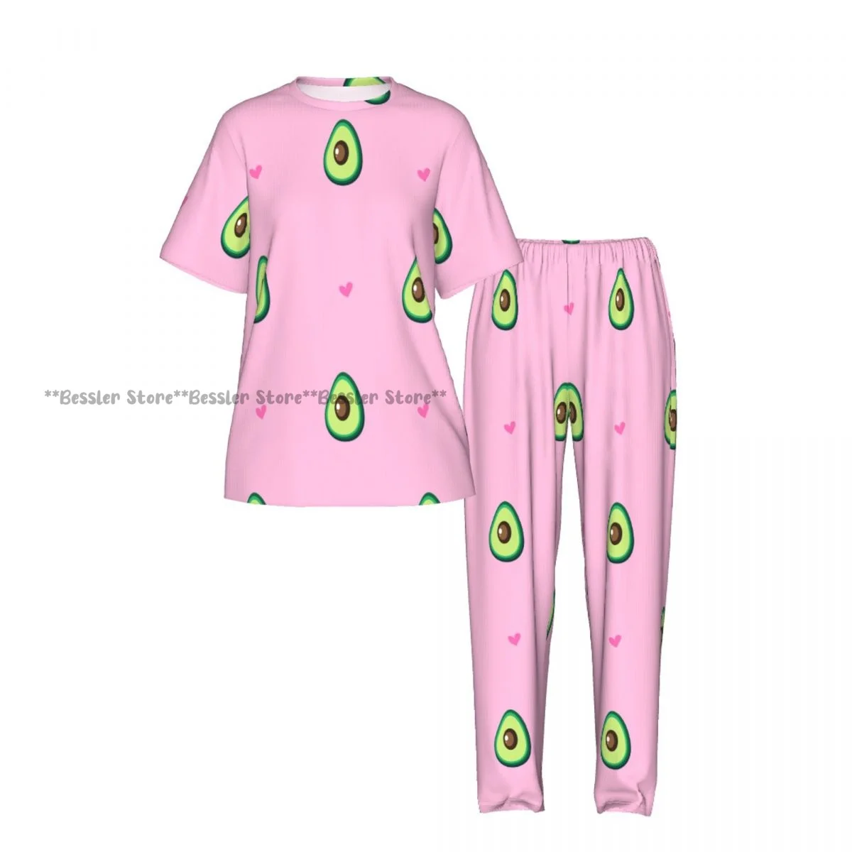Women Pajama Sets Lounge Sleepwear Cute Avocado And Hearts Short Sleeve Nightwear 2