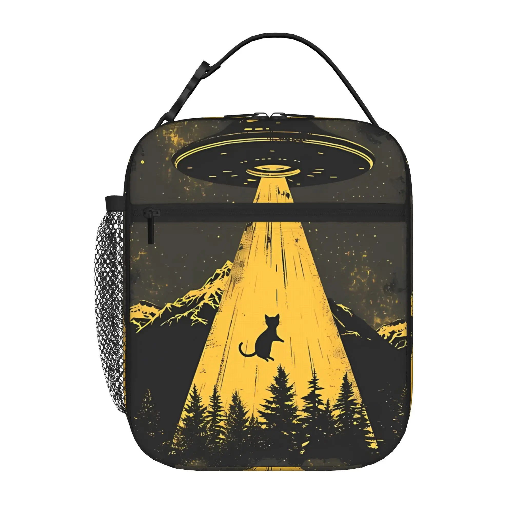 Back to school season Cat UFO Handbag Yellow Light Column Vintage High Street Multi-Function Leakproof Lunch Bag