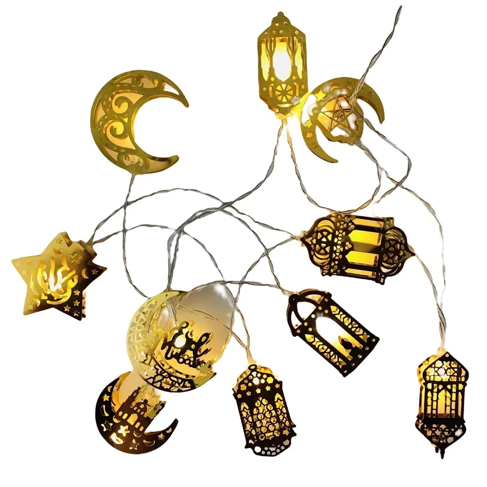 BFYLE 10 LED Decoraciones doradas de Ramadán Decoración Eid Linterna de luna y estrella Luces de Ramadán con pilas, Cadena de luces para fiesta de Ramadán