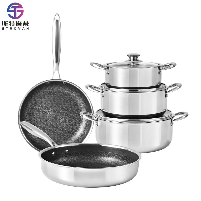 

8 Pieces 316 Stainless Steel Diamond Pattern Honeycomb Bottom Cookware Set Non-stick Frying Pan Soup Pot Set with Glass Lid