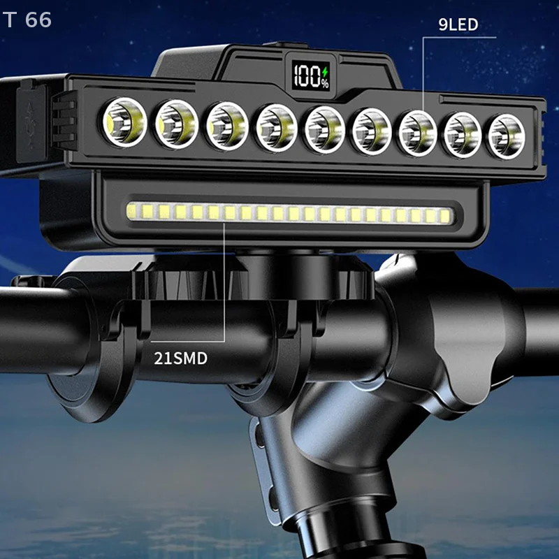 

Для безопасности ночной езды, 9 бусин, велосипедный головной фонарь Type-C, перезаряжаемые MTB велосипеды, передний фонарь, аксессуары для велоспорта