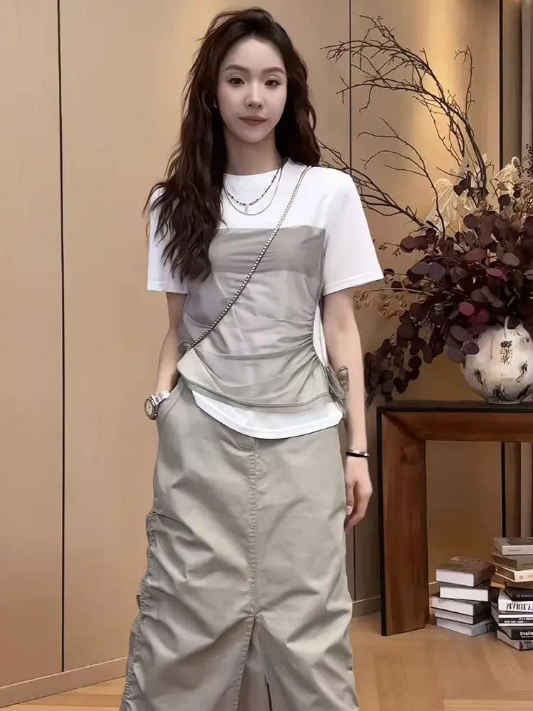 Summer Korean Style Loose Fit T-Shirt Women's Fake Two-Piece Slimming Versatile Patchwork Top Trendy City Walk High Waist
