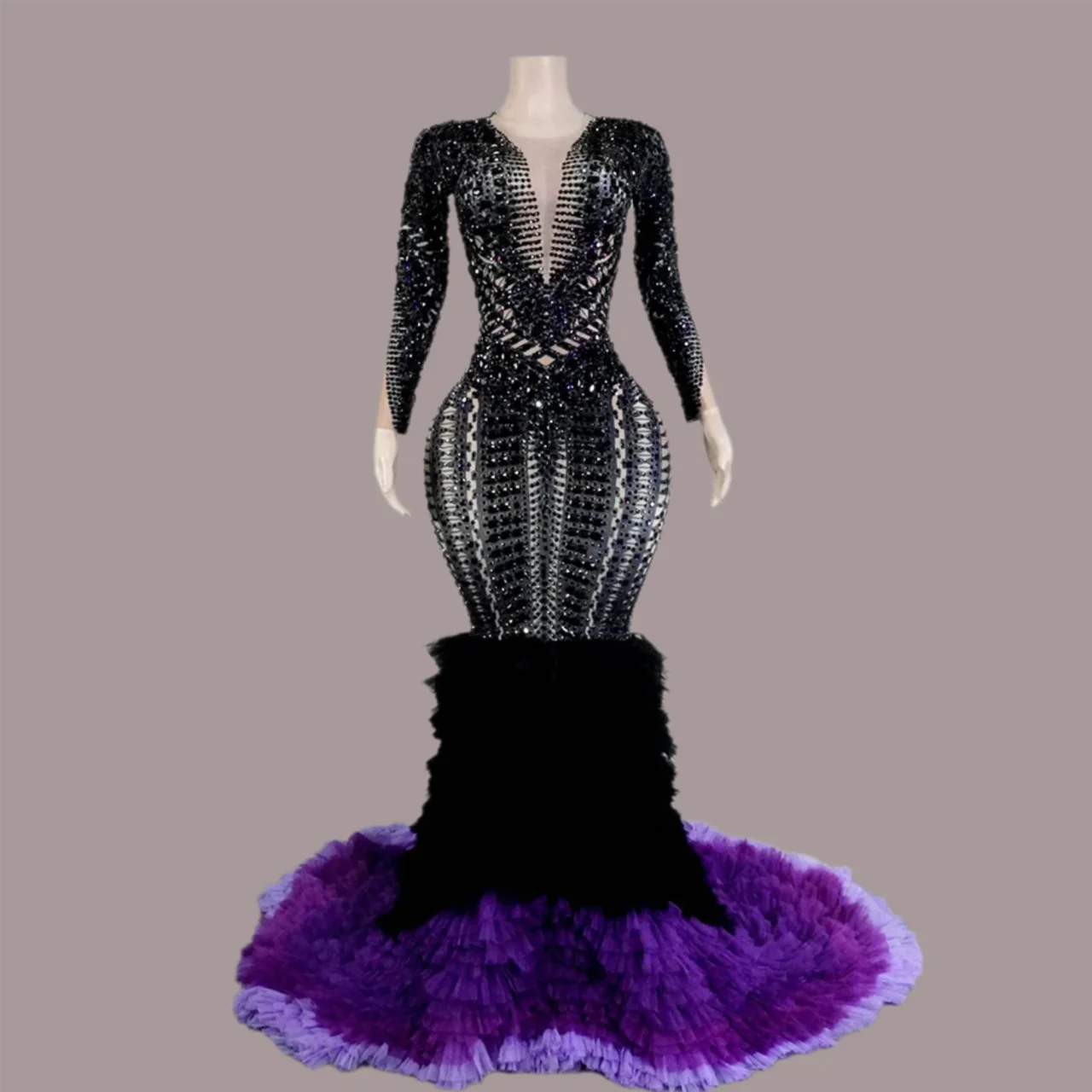 

Sparkle Black Rhinestones See-through Long Sleeve Dresses Sexy Singer Prom Evening Party Birthday Show Club Drag Queen Costumego