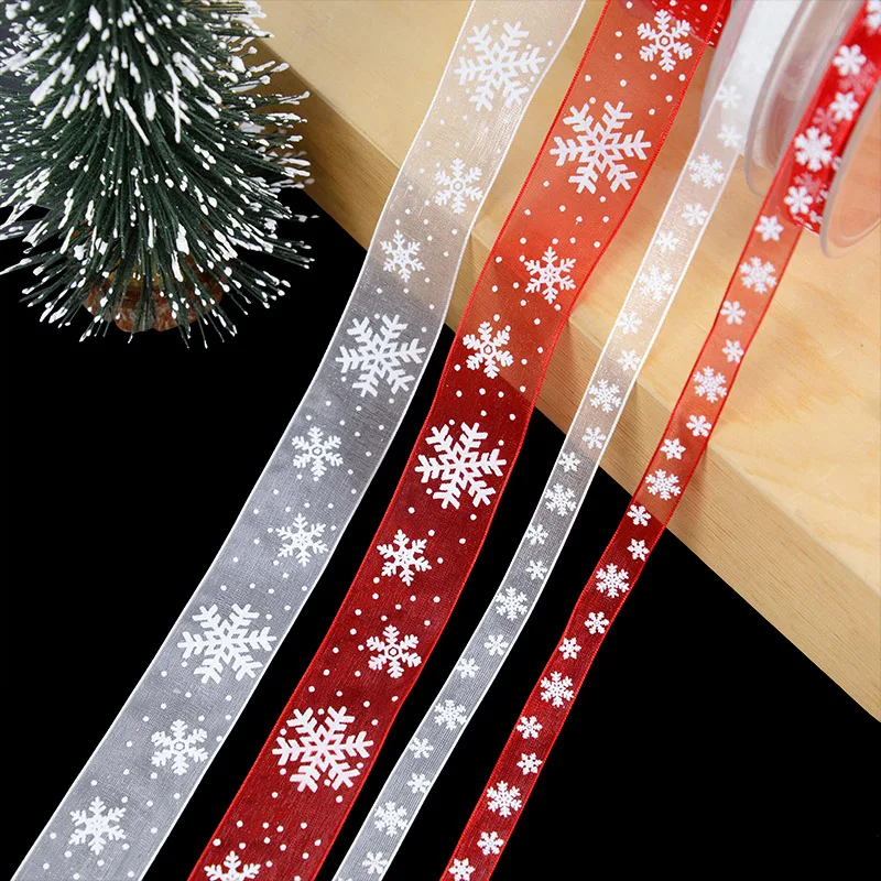 5/20M Christmas Snowflake Ribbon Roll Printed Organza Ribbon For Xmas New Year Party Gifts Wrapping Decor Bows DIY Wreath Noel