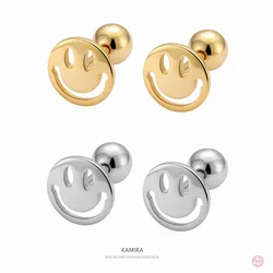 KAMIRA 925 Sterling Silver Simple Lucky Smile Gold Spiral Bead Stud Earrings for Women Hip Hop Punk Clip Happy Jewelry Female