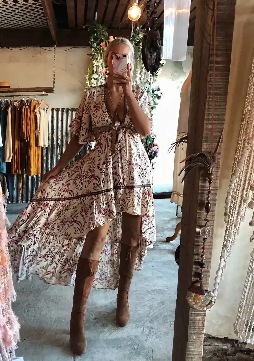 Women Hollow Out Sexy Beach Dress Bohemian Lady Short Sleeve High-Low Rayon Summer Vacation Boho Dresses Robe Dress H7ID