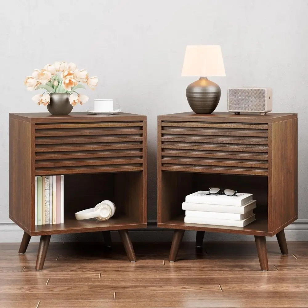 

Pair of Modern Wooden Nightstands with Drawer Storage for Bedroom or Living Room, Brown