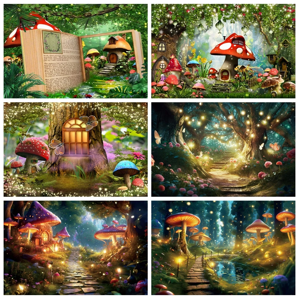 

Fairy Tale Forest Wonderland Photography Backdrop Enchanted Dreamy Jungle Mushroom Baby Birthday Party Photo Background Decor