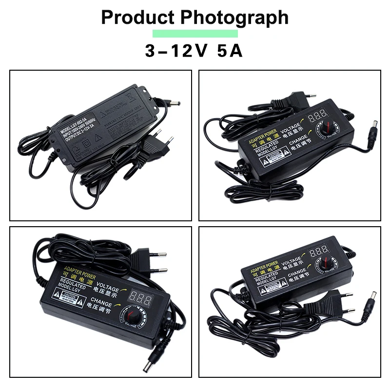 3-12V 5A Adjustable AC To DC Power Supply  3V 6V 8V 9V 12V 5A Power Supply Adapter Universal 220V To 12V Volt Adapter +DC Trans