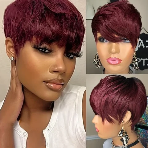 99J Pixie Cut Bob Wig Human Hair Short Layered Wigs for Women Right Side Long Bangs Wavy Hairstyle Machine Made Wig Burgundy Red