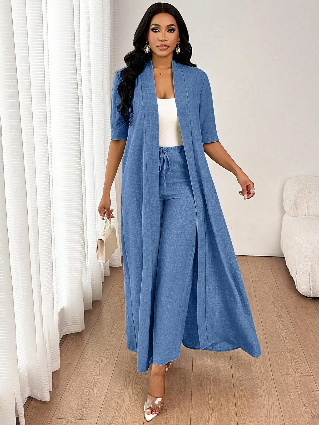 

Elegant Casual Long Cardigan And Loose Straight-Leg Trousers Two Piece Set